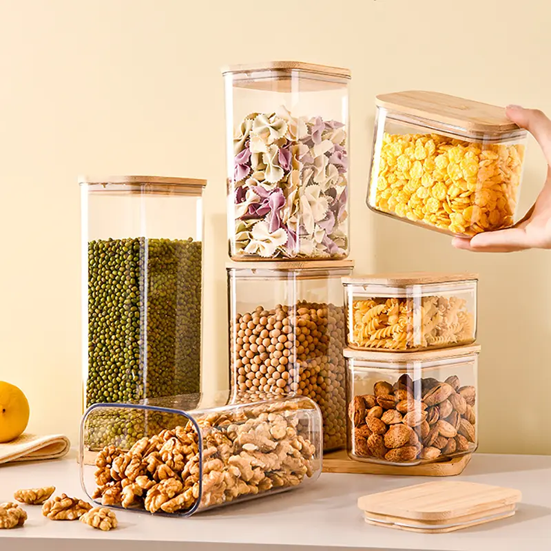 Pot de stockage en plastique avec couvercle en bois